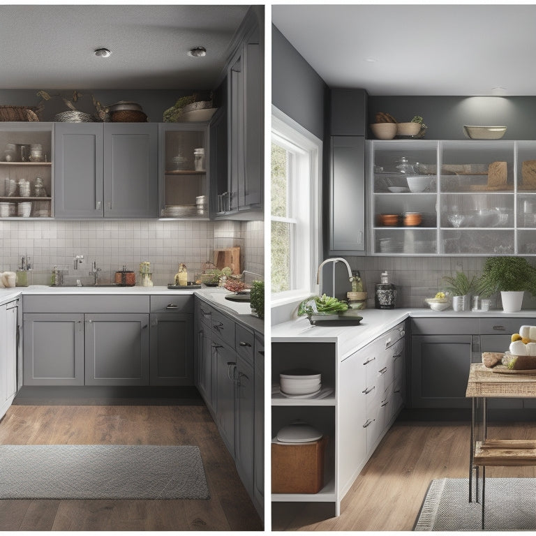 A split-screen image featuring a modern kitchen with sleek wall cabinets and floating shelves on one side, and a cluttered room with traditional storage units on the other, highlighting the contrast.