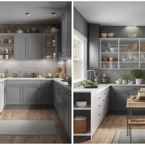 A split-screen image featuring a modern kitchen with sleek wall cabinets and floating shelves on one side, and a cluttered room with traditional storage units on the other, highlighting the contrast.