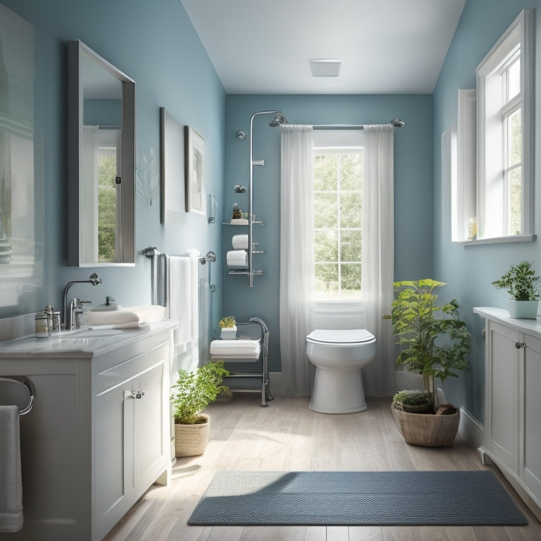 A serene bathroom scene with a walk-in shower, grab bars, non-slip mats, and a shower chair, surrounded by calming colors and soft lighting, evoking a sense of safety and comfort.