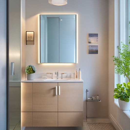 A sleek, modern bathroom with a compact wall-mounted cabinet above a sink, featuring a mirrored door, chrome handles, and a soft, warm lighting effect to highlight the product.