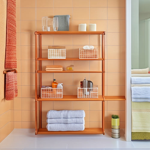 A sleek, modern bathroom with a wall-mounted, modular organizer system featuring interchangeable components: a chrome towel rack, glass shelves, and woven baskets in a warm, honey-colored wood tone.