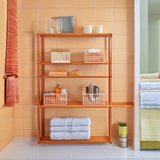 A sleek, modern bathroom with a wall-mounted, modular organizer system featuring interchangeable components: a chrome towel rack, glass shelves, and woven baskets in a warm, honey-colored wood tone.