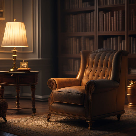 A serene, dimly lit library with a comfortable armchair, a floor lamp casting a warm glow, and a stack of books with a single, opened volume revealing a golden key.