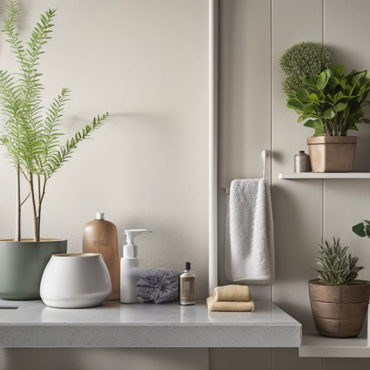 A serene, minimalist bathroom with a few, carefully-placed spa-like essentials on a wooden shelf, against a calming, soft-gray background, with a single, potted green plant in the corner.