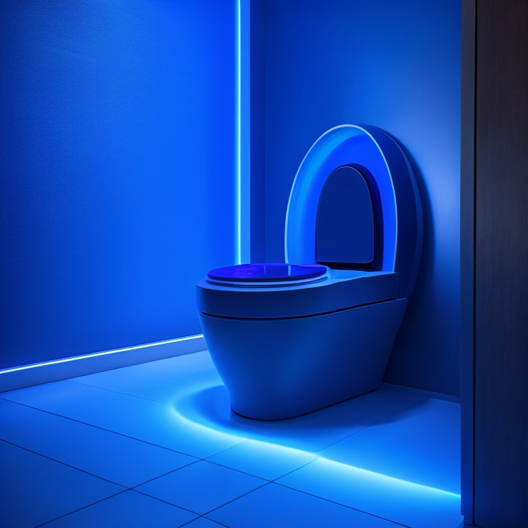 A futuristic toilet with a sleek, matte-black body, surrounded by soft, blue LED lights, featuring a heated seat, advanced bidet functions, and a compact, wall-mounted design.