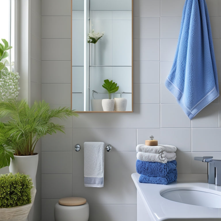 A serene bathroom scene featuring a sleek, white wood corner shelf with rounded edges, adorned with a few rolled towels and a small potted plant, against a soft, gray-blue wall.
