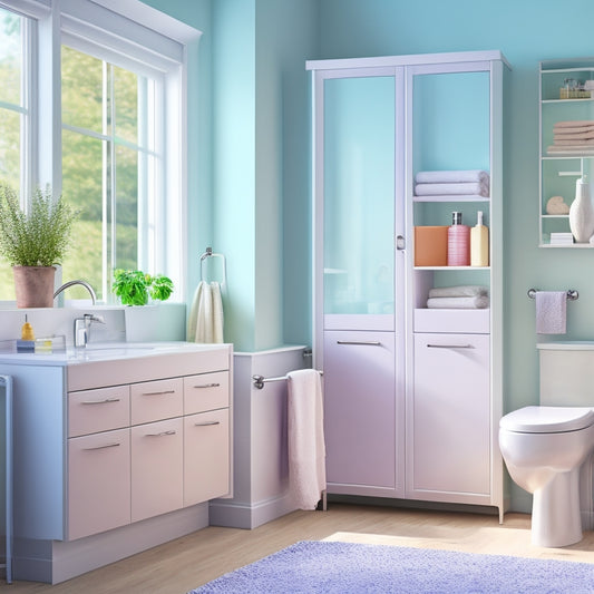 A sleek, modern bathroom featuring compact, waterproof storage units in soft pastel colors, neatly organized with toiletries and towels. Light streams through a frosted window, highlighting the stylish yet functional design.