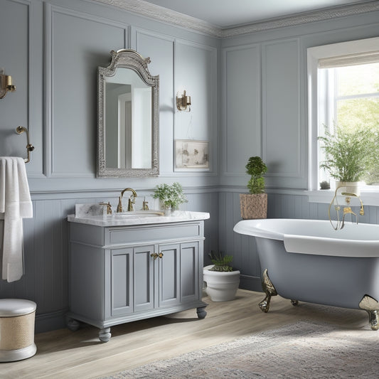 A serene bathroom scene with a freestanding tub, soft gray walls, and a custom cabinet with ornate hardware, surrounded by design tools like swatches, sketches, and a measuring tape.