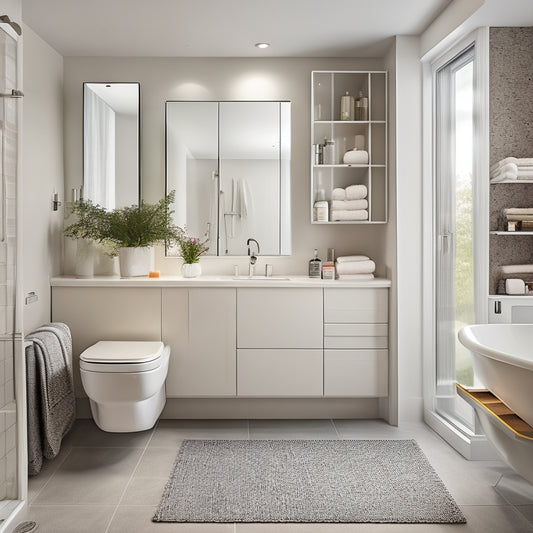 A sleek, modern bathroom with white walls and gray floors, featuring a floor-to-ceiling cabinet with glass doors, revealing neatly organized toiletries and towels, surrounded by soft, warm lighting.