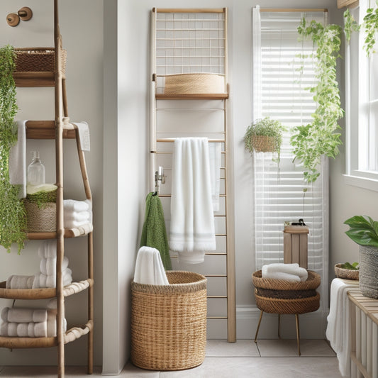 A bathroom with a wall-mounted shelving unit featuring three woven baskets, two glass jars, and a decorative ladder leaning against the wall, surrounded by lush greenery and soft, warm lighting.