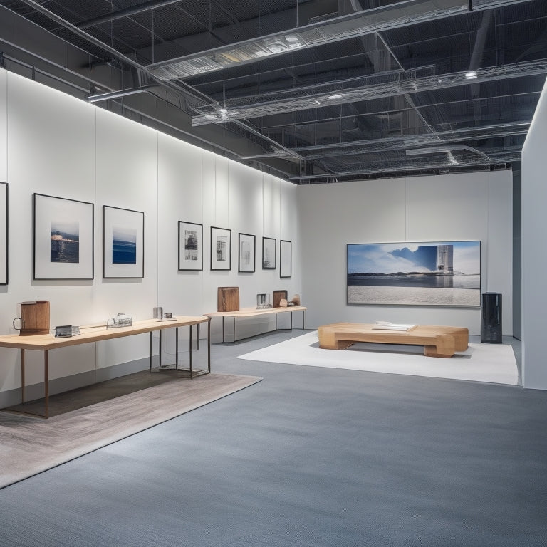 A modern, well-lit exhibition hall with sleek wooden furniture and cutting-edge electronics on display, surrounded by minimalistic white walls and a polished concrete floor.