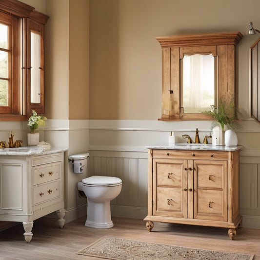 A serene bathroom scene featuring three pedestal vanities in different styles: modern with clean lines, traditional with ornate carvings, and rustic with distressed wood, against a soft, creamy background.