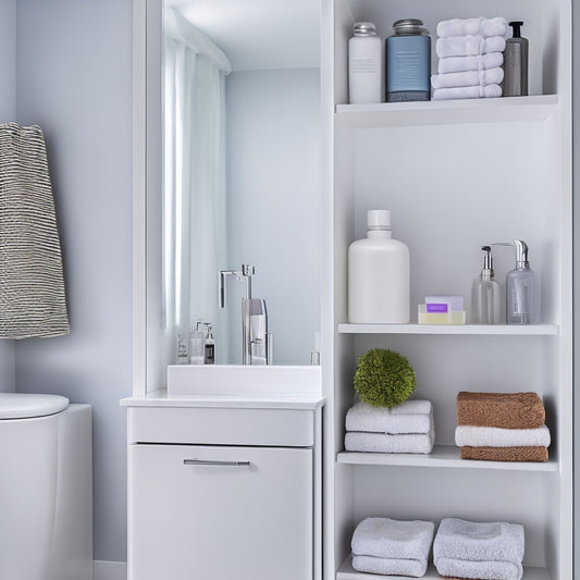 A modern bathroom with three shelves in a sleek, white cabinet, each holding various bathroom essentials like toiletries, towels, and decorative items, with a smartphone in the foreground displaying a storage app.