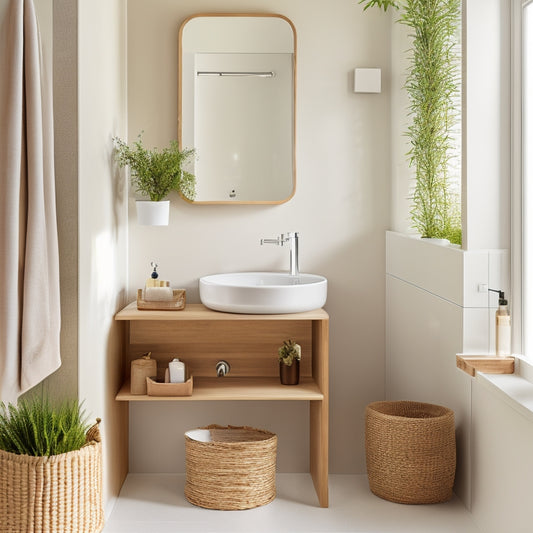 A modern bathroom with a pedestal sink, featuring a slide-out drawer, a wicker basket, and a wall-mounted shelf, all in a sleek, minimalist aesthetic, with soft, natural light.
