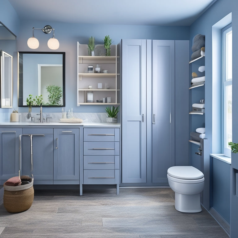 A modern bathroom with a wheelchair-accessible sink, a wall-mounted cabinet with sliding doors, a grab bar, and a floor-to-ceiling storage unit with baskets and shelves in a calming color scheme.