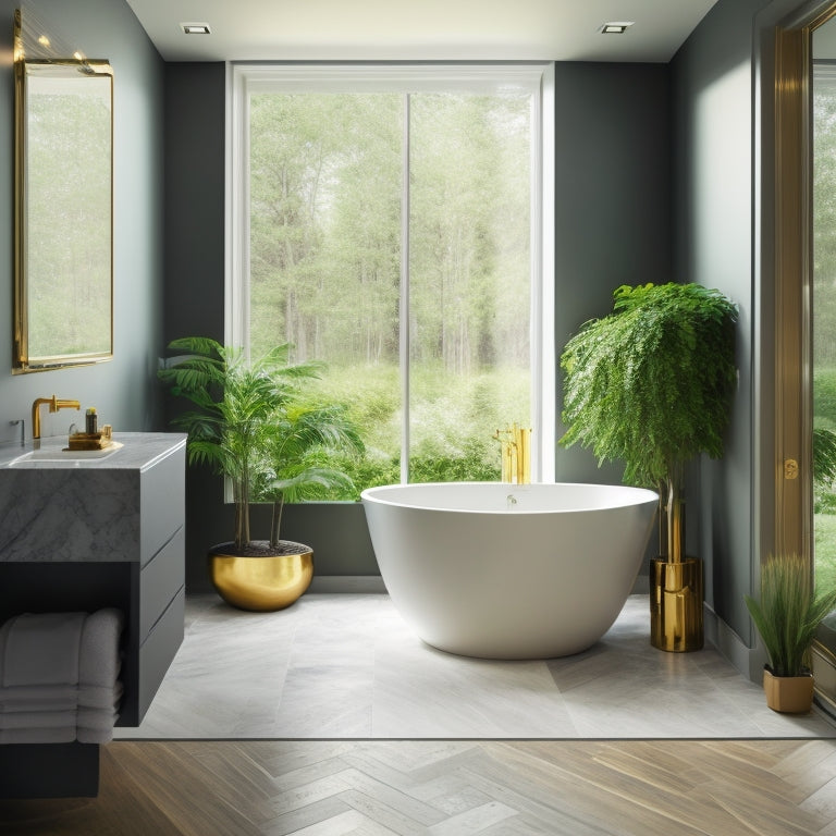 A sleek, modern bathroom with a freestanding tub, surrounded by grey marble floors and walls, under a skylight with lush greenery, and adorned with gold accents and minimalist fixtures.