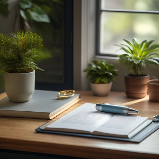 A tidy, compact desk with a few carefully selected office supplies, a small potted plant, and a single, elegant notebook, surrounded by a subtle, calming background with soft, natural lighting.