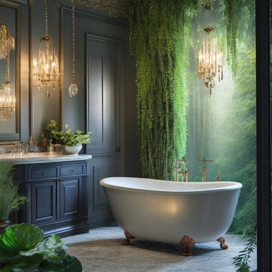 A serene bathroom scene featuring a freestanding tub, surrounded by lush greenery, illuminated by a show-stopping chandelier with crystal droplets and a trio of sleek, wall-mounted sconces.