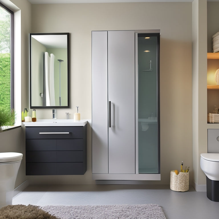 A sleek, modern bathroom with a wall-mounted cabinet, pedestal sink, and a sliding glass shower door, showcasing a pedestal sink storage unit and a recessed medicine cabinet.