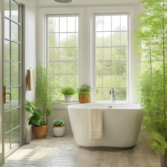 A serene, modern bathroom with creamy white subway tiles, a freestanding tub, and a large, rainfall showerhead, surrounded by lush greenery and warm, natural light pouring in through a large window.