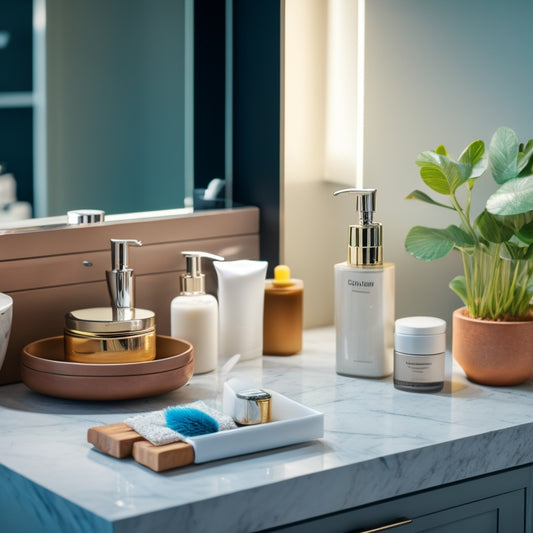 A cluttered bathroom countertop with toiletries and beauty products scattered around a sink, contrasted with a sleek, minimalist countertop with a few strategically placed, modern storage solutions.