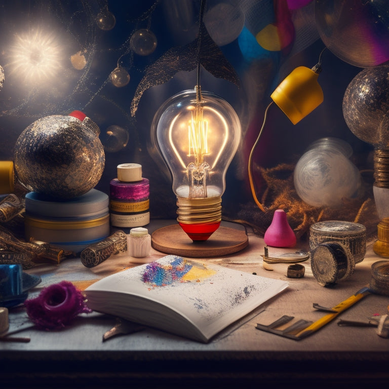 A whimsical, dreamlike scene with a tornado of colorful, swirling papers and ideas in the background, surrounded by floating lightbulbs, gears, and paintbrushes, with a subtle golden glow emanating from the center.