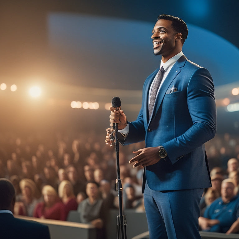 A spotlight shines on a confident speaker standing on a stage, with a subtle smile, gesturing emphatically to a diverse audience seated in a curved, modern amphitheater with a cityscape backdrop.