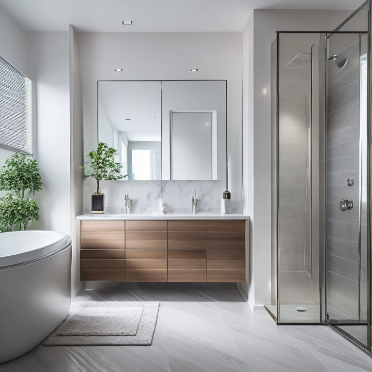 A sleek, modern bathroom with a large, floor-to-ceiling storage cabinet featuring a mirrored door, chrome handles, and a subtle LED light strip underneath, surrounded by marble countertops and a freestanding tub.