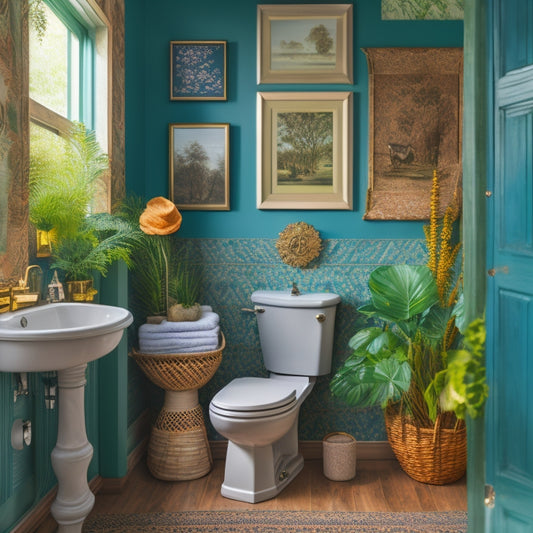 A serene bathroom scene with a toilet against a statement wallpaper, surrounded by 10 unique decorative elements, including a large botanical print, a woven basket, and a few decorative shelves.