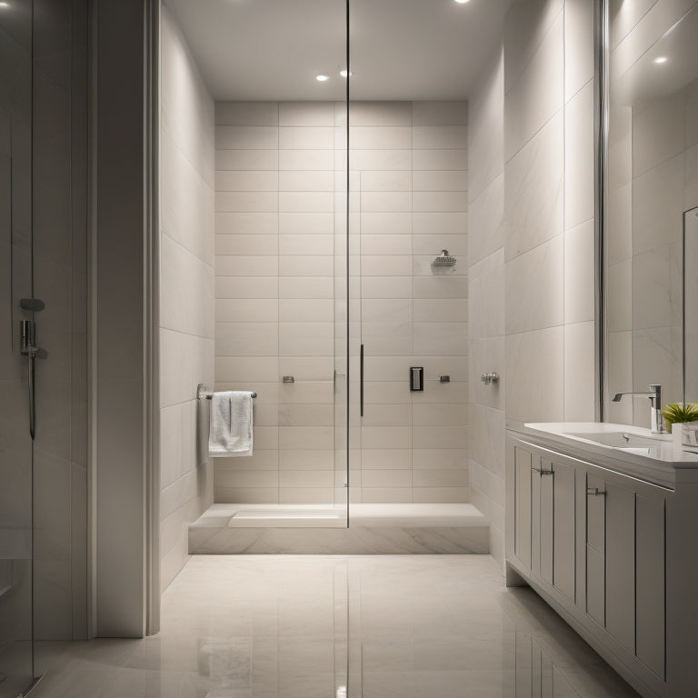 A serene, dimly lit bathroom with a sleek, rectangular shower niche featuring a recessed rainfall showerhead, surrounded by gleaming, white marble walls and a polished, chrome accents.