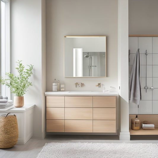 A serene, minimalist bathroom with a freestanding tub, surrounded by sleek, wall-mounted cabinets, a floating vanity, and a woven basket storage unit under a large, frameless mirror.