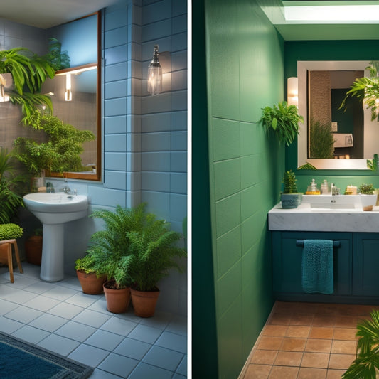 A split-screen image: on the left, a dimly lit, cluttered bathroom with outdated fixtures and worn-out tiles; on the right, the same bathroom transformed into a sleek, modern oasis with gleaming surfaces and lush greenery.