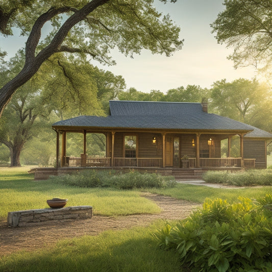 A warm, sunlit photograph of a rustic Texas ranch-style home with a weathered wooden porch, surrounded by lush greenery and a few scattered construction tools, with a subtle hint of renovation in progress.