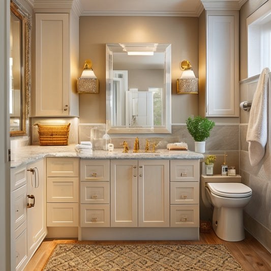 A stylish bathroom with 10 different sink cabinets above the sink, each with unique designs, materials, and hardware, showcased against a neutral background with soft, warm lighting.