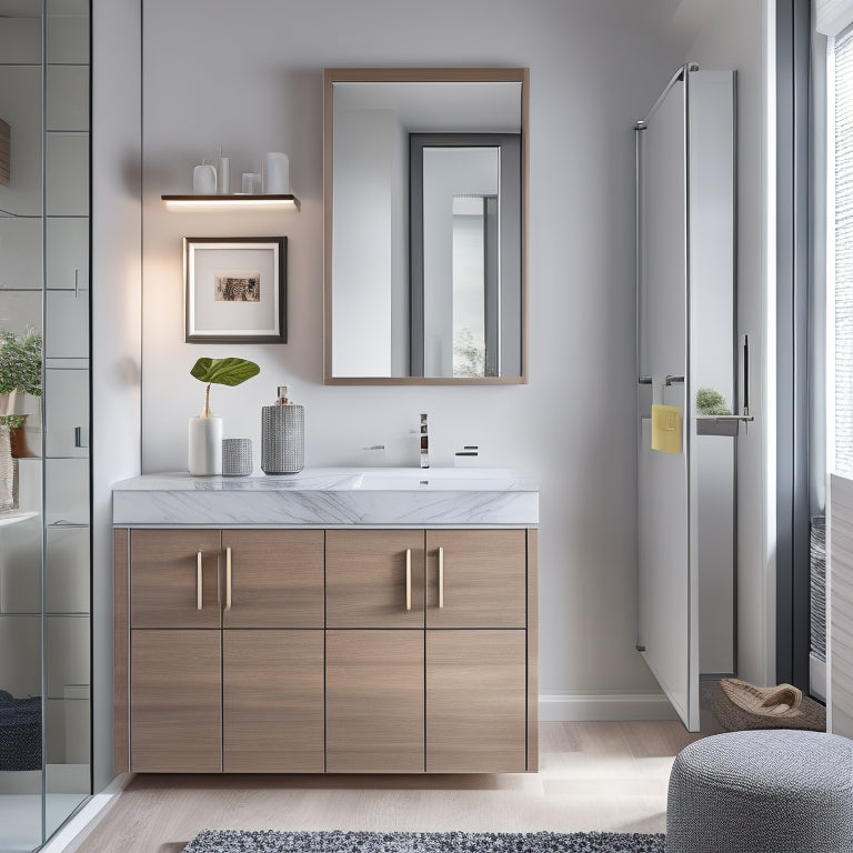 A sleek, modern bathroom with a large, wall-mounted storage cabinet featuring clean lines, a mirrored door, and a soft-close drawer, surrounded by a few, strategically placed decorative accessories.