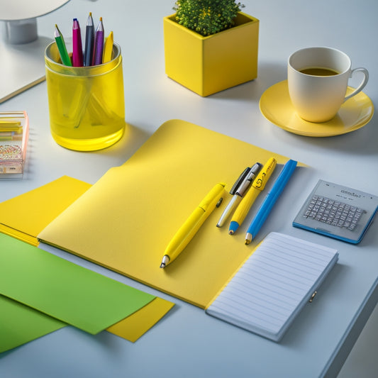 A clean and organized workspace with a sleek, modern desk, a bright yellow planner lying open, and a few pens and highlighters scattered around, surrounded by a blurred background of office supplies.