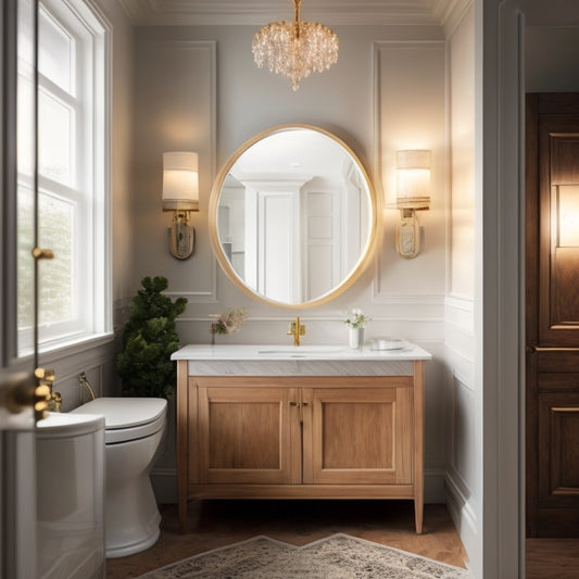 A sleek, modern bathroom with a large, wall-mounted wooden medicine cabinet featuring a recessed mirror, soft LED lighting, and ornate carvings, surrounded by crisp white countertops and a freestanding tub.