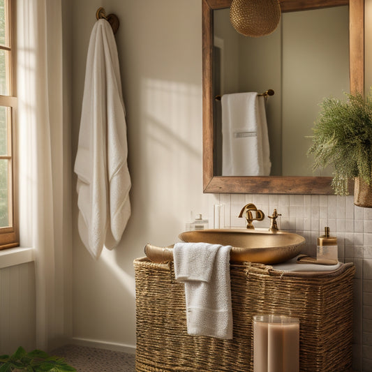 A serene bathroom scene featuring a distressed wood vanity, a vintage metal mirror, and a woven basket filled with rolled towels, surrounded by earthy greenery and warm, golden lighting.