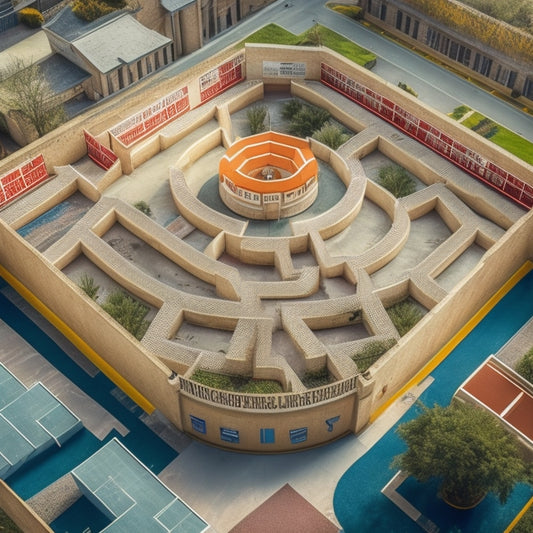 A labyrinthine maze with a school building at its center, surrounded by twisted corridors and dead ends, with safety signs, security cameras, and caution tape woven throughout.