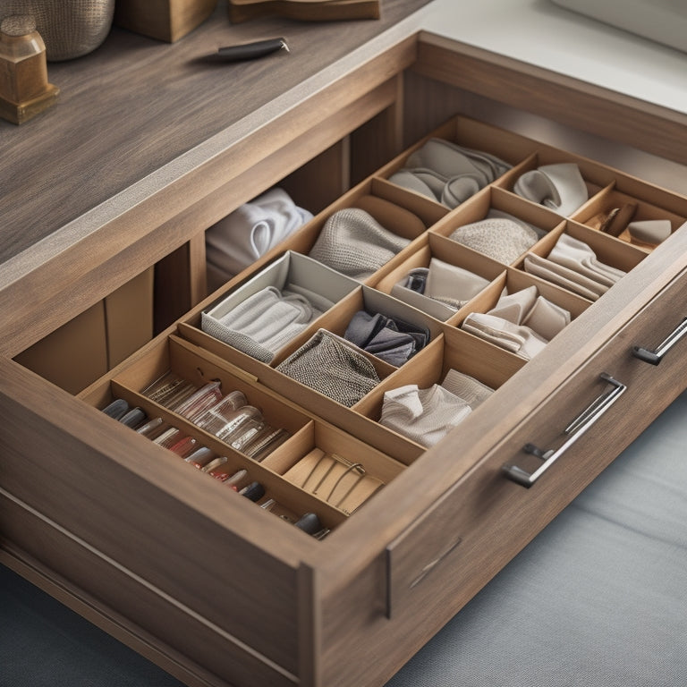 A serene, well-lit, and organized drawer interior with soft, warm tones, featuring a custom divider system with adjustable compartments, velvet-lined trays, and a soft-close mechanism.