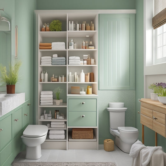 A stylized illustration of a compact bathroom with a variety of shelves, baskets, and storage units in a calming color palette, showcasing organized toiletries and towels, with soft, natural lighting.