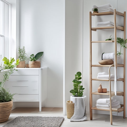 A modern bathroom with a ladder shelving unit against a white wall, featuring three wooden steps with rounded edges, holding a potted plant, two rolled towels, and a decorative vase.