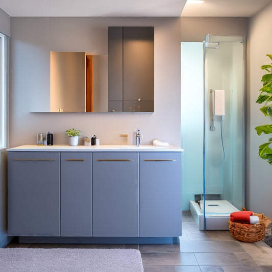 A sleek, modern bathroom with a wall-mounted, high-gloss fitted unit in a soft gray tone, featuring a recessed sink, minimalist faucet, and ample storage behind handle-less doors.