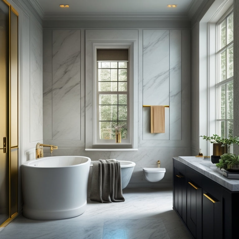 A sleek, modern bathroom with marble walls, a freestanding tub, and a large window, illuminated by five stylish wall lights with varying shapes and metallic finishes.