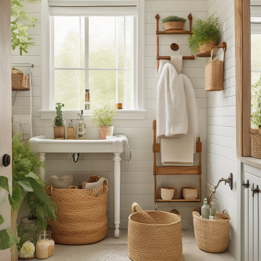 A clutter-free bathroom with a repurposed wooden ladder turned shelving unit, holding woven baskets, mason jars, and a vintage metal caddy, surrounded by lush greenery and soft, warm lighting.