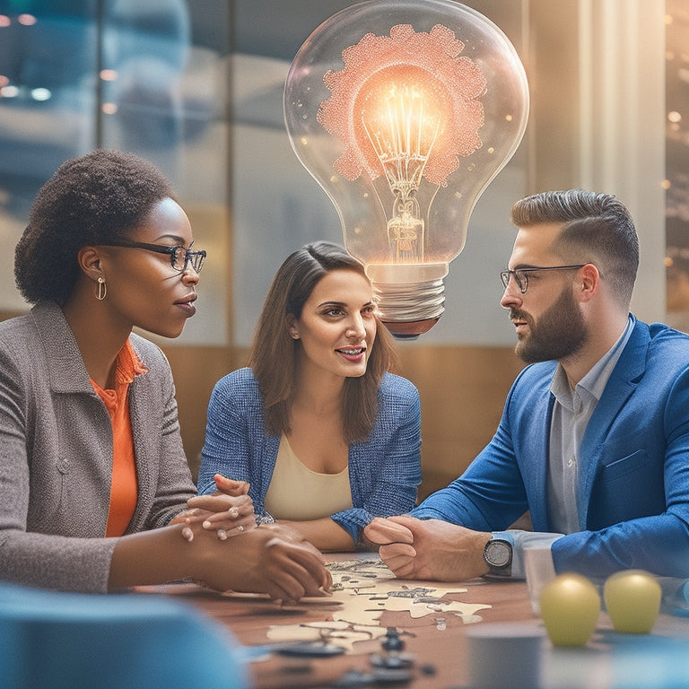 An illustration of three diverse professionals standing in a circle, having a conversation, surrounded by thought bubbles containing puzzle pieces, gears, and lightbulbs, with a subtle background of a collaborative workspace.