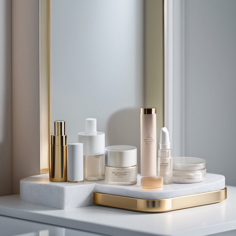 A tidy, minimalist vanity with a compact, three-tiered acrylic shelf, holding a curated selection of skincare products and makeup, against a soft, creamy background.