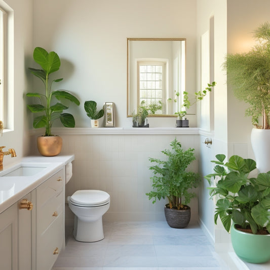 A serene bathroom with a white toilet, surrounded by creamy marble walls, features three floating glass shelves above, adorned with minimalist decorative vases, and a few lush green plants.