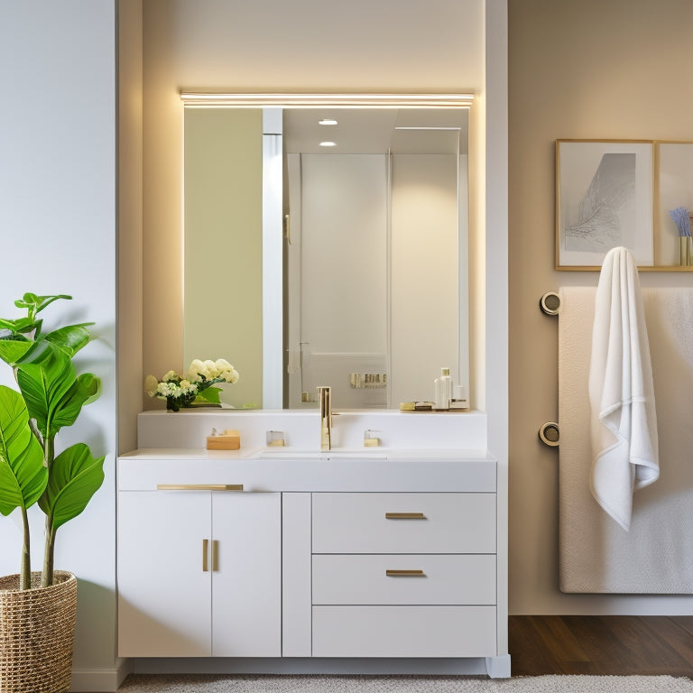 A modern bathroom with a sleek, wall-mounted vanity unit featuring a rectangular mirror, LED lighting, and a white quartz countertop, surrounded by minimalist decor and a neutral color palette.