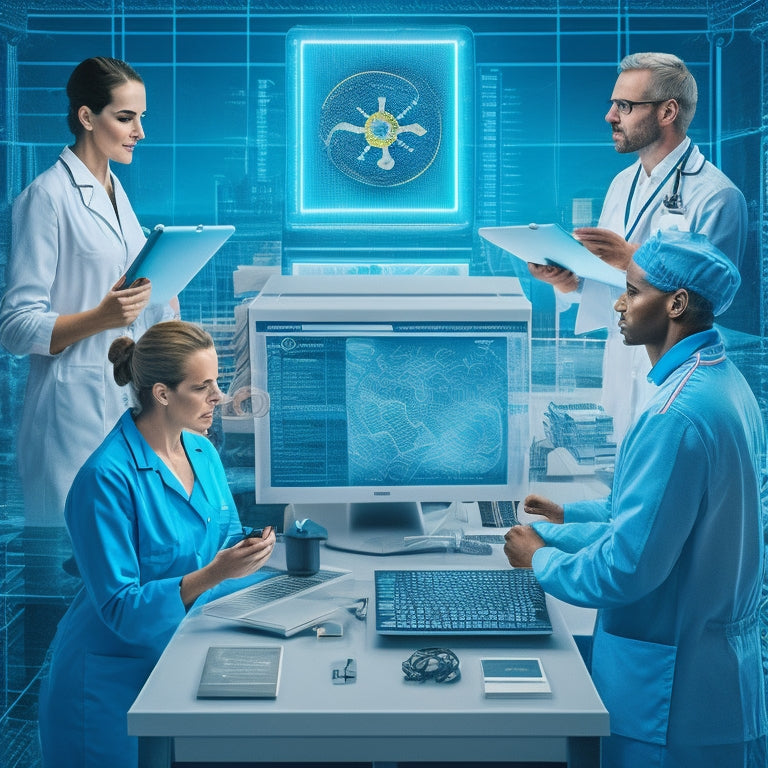 A stylized illustration of interconnected gears, with each gear featuring a different healthcare professional (e.g., doctor, nurse, pharmacist) surrounded by digital screens, laptops, and tablets, blending into a cohesive whole.